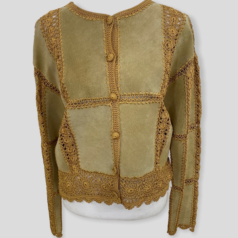 Gantos Tan Suede Patchwork Embroidered Lace Detail Long Sleeve Jacket